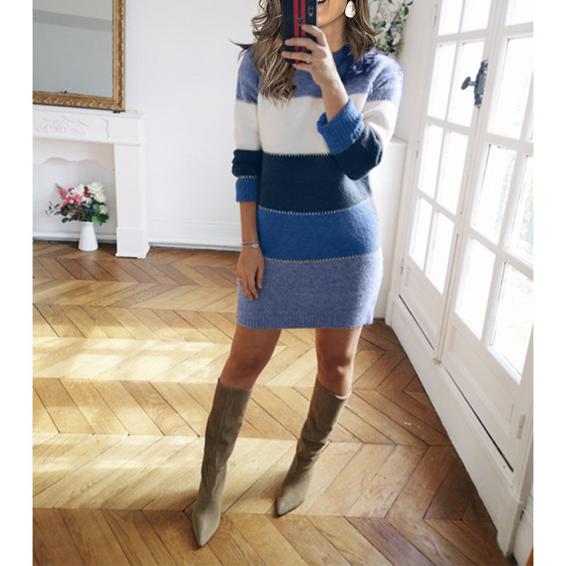 ONDRA women’s striped knit sweater dress, long sleeves and crew neck; blue with dark bands.