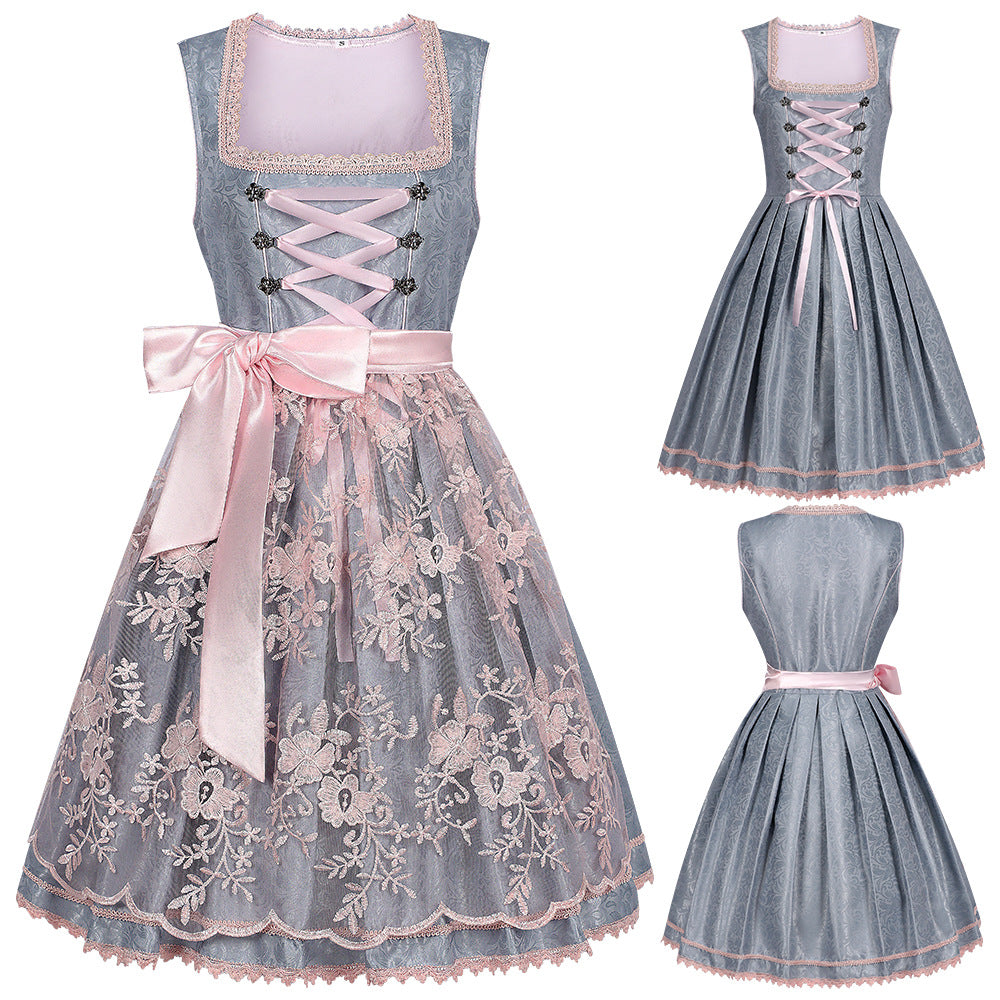 Oktoberfest dress, front and side views: pink lacing bodice and floral embroidered skirt