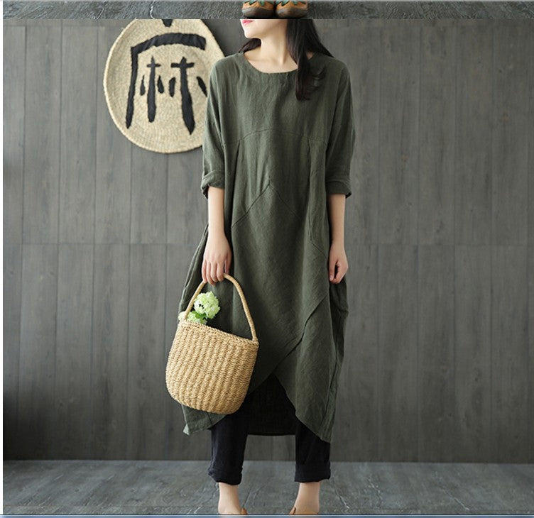 Green oversized spring dress with 3/4 sleeves, round neck, asymmetrical draped hem