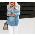 Long-sleeve denim shirt dress, light blue, button-front, curved hem