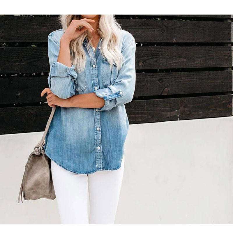 Long-sleeve denim shirt dress, light blue, button-front, curved hem