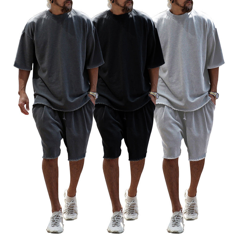 ARTHUR casual summer set: charcoal, black, and light gray tee with knee-length shorts