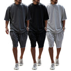 ARTHUR casual summer set: charcoal, black, and light gray tee with knee-length shorts