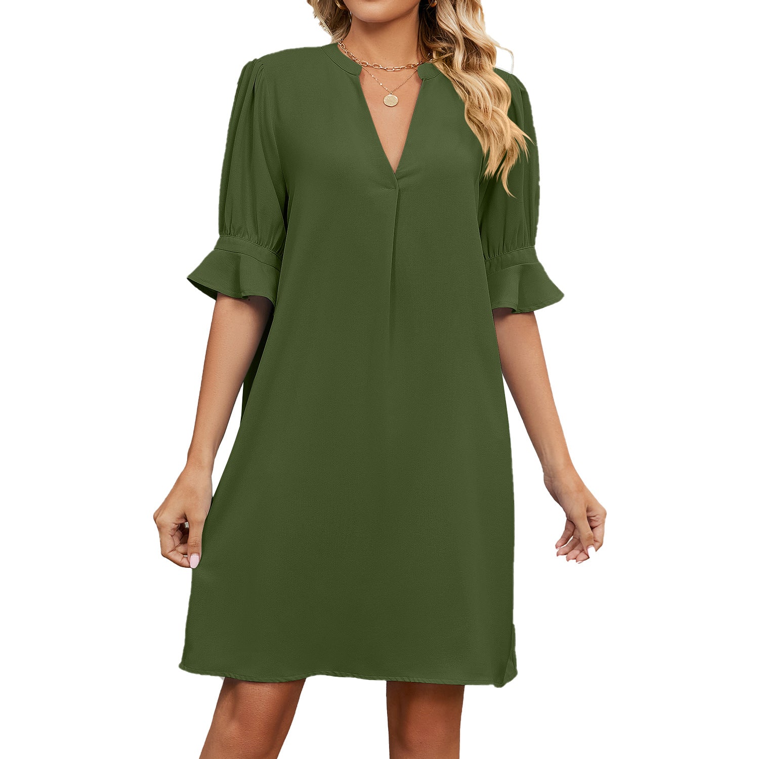 Army green V-neck short-sleeve shift dress with flared cuff and loose fit