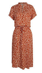 Red printed V-neck midi dress with short sleeves and tie waist