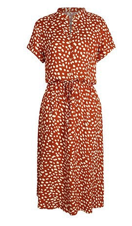 Red printed V-neck midi dress with short sleeves and tie waist