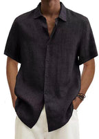 Black short-sleeve button-up shirt with point collar and button front