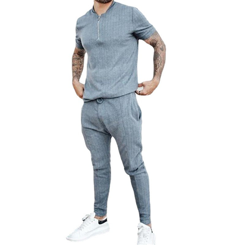 BRIAR relaxed set, blue short-sleeve half-zip top with matching jogger pants