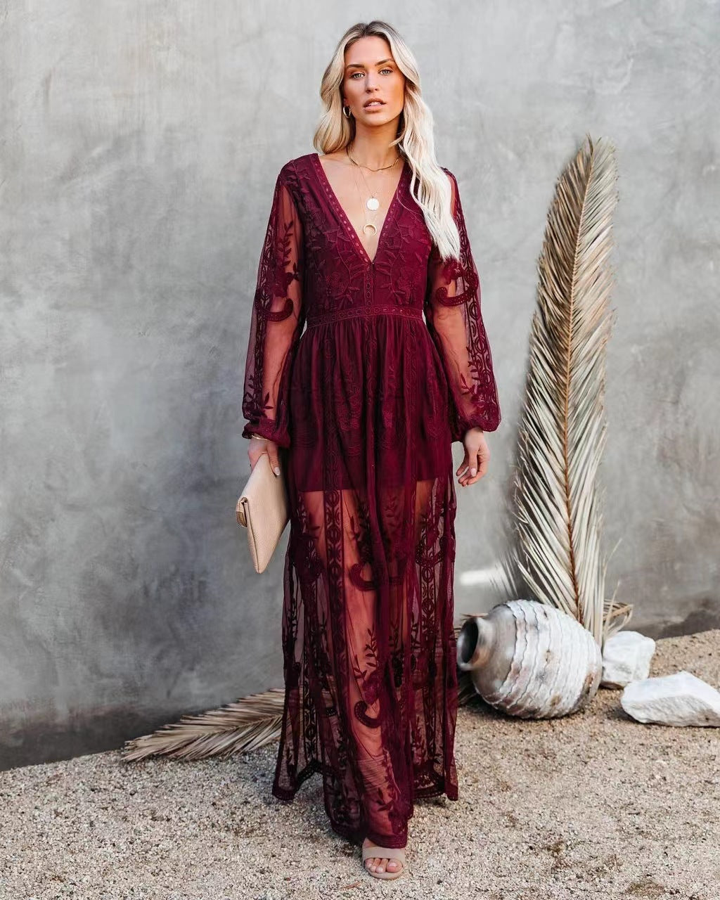 Burgundy sheer lace maxi dress with V-neck and long billowy sleeves