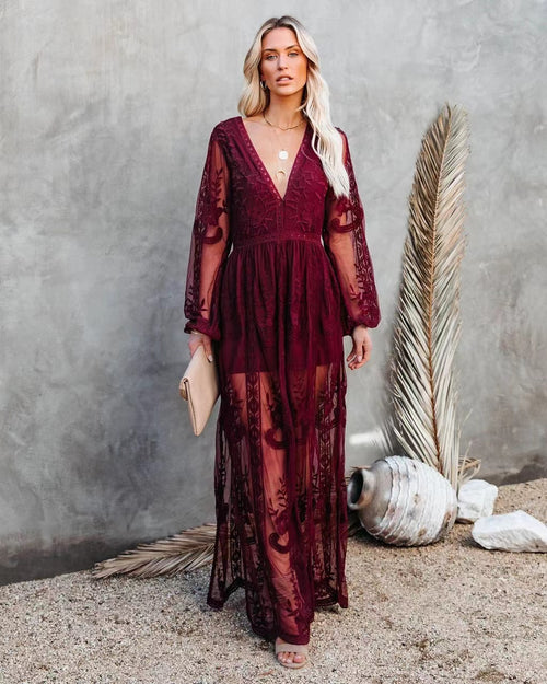 Burgundy sheer lace maxi dress with V-neck and long billowy sleeves