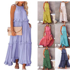 Tiered sleeveless maxi dress shown in multiple colors, ruffled multi-layer skirt