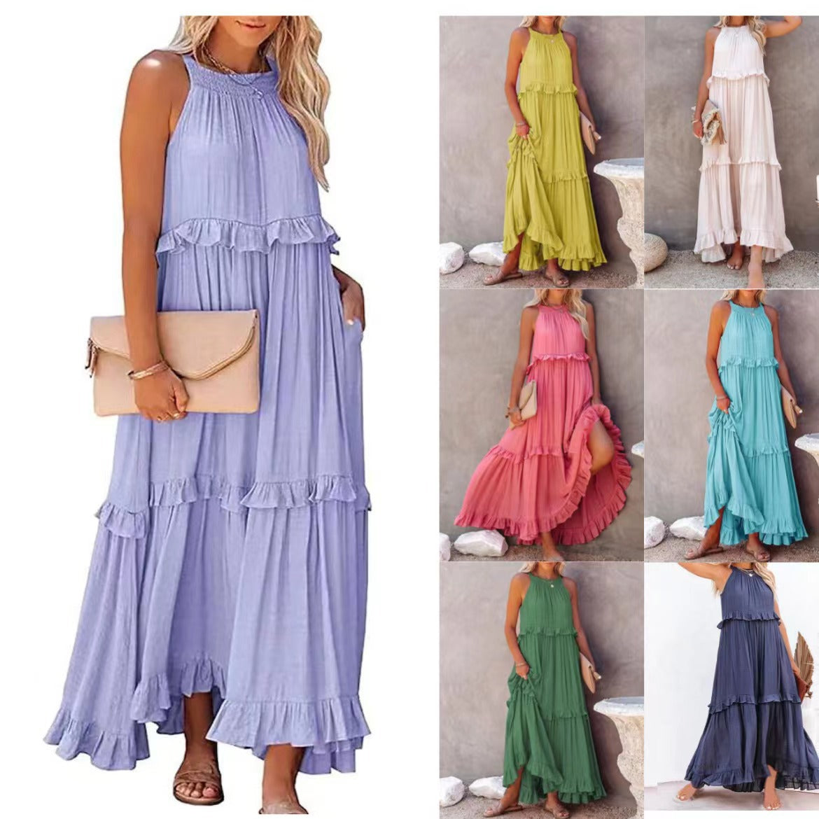 Tiered sleeveless maxi dress shown in multiple colors, ruffled multi-layer skirt