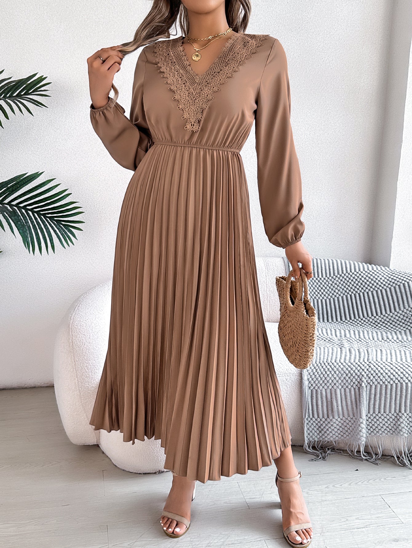 Khaki pleated midi dress with V-neck lace trim, long sleeves, gathered waist