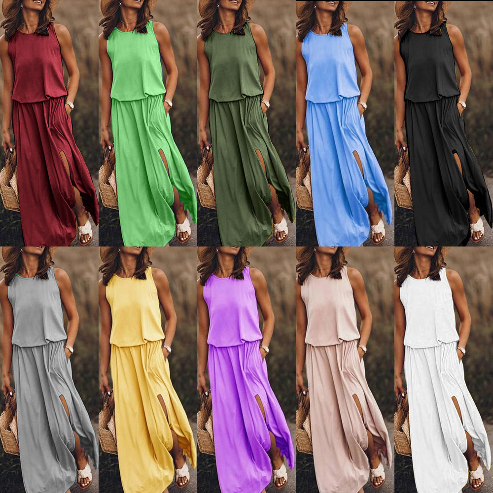 Sleeveless tiered summer dress in assorted colors, loose maxi silhouette