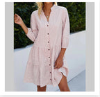 Comfy summer dress in pink check, button front, gathered tiered skirt