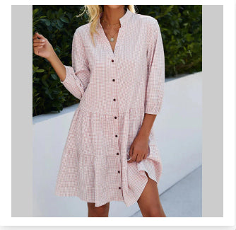 Comfy summer dress in pink check, button front, gathered tiered skirt