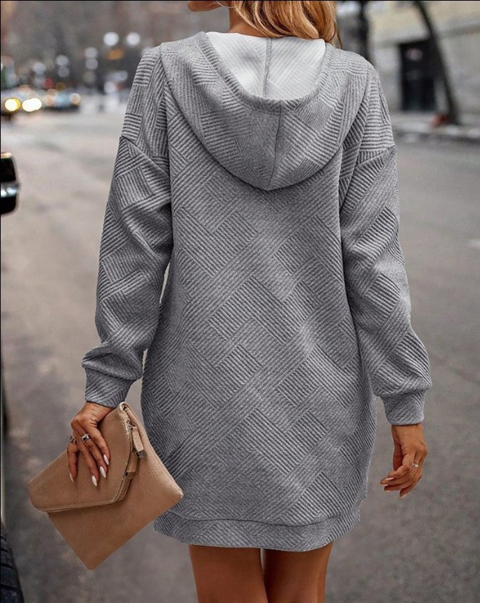 Gray hoodie dress from back with textured diamond pattern and drawstring hood