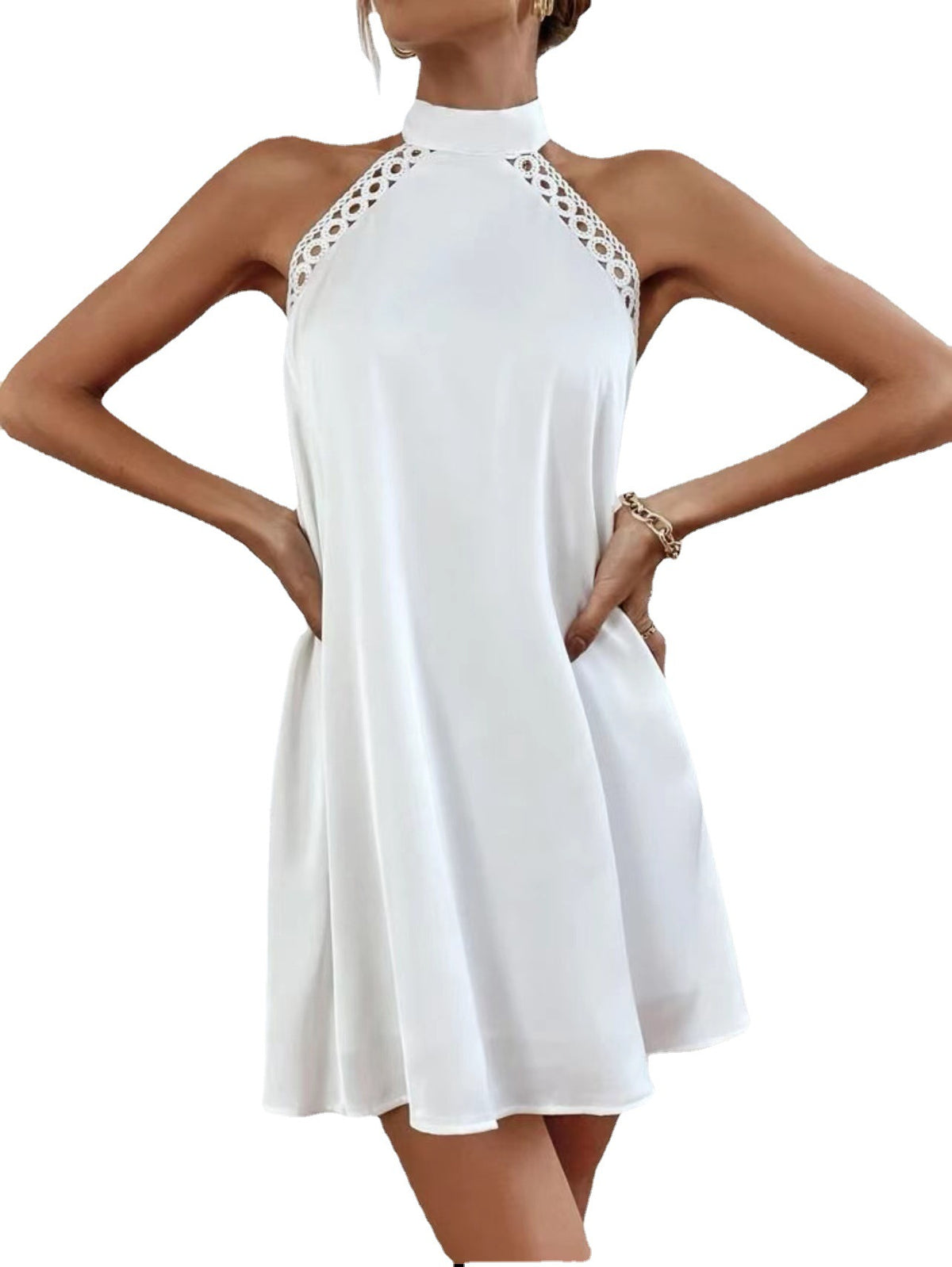 White halter mini dress with lace yoke and high neck