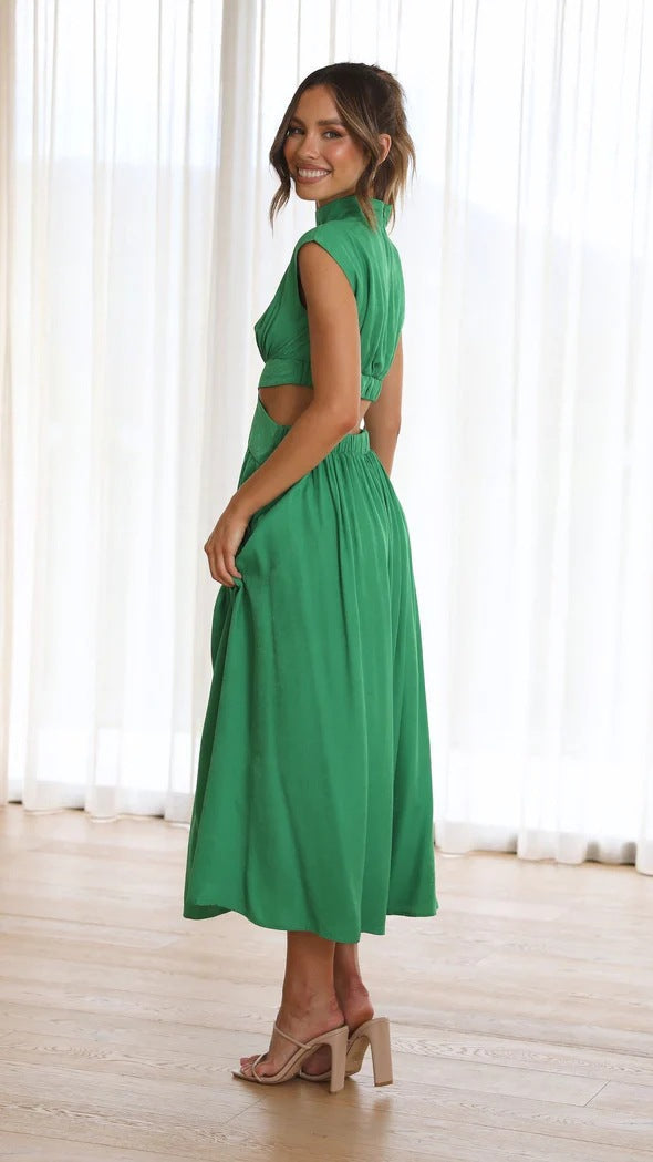Green sleeveless midi dress with high neck and pleated, gathered skirt
