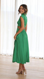 Green sleeveless midi dress with high neck and pleated, gathered skirt