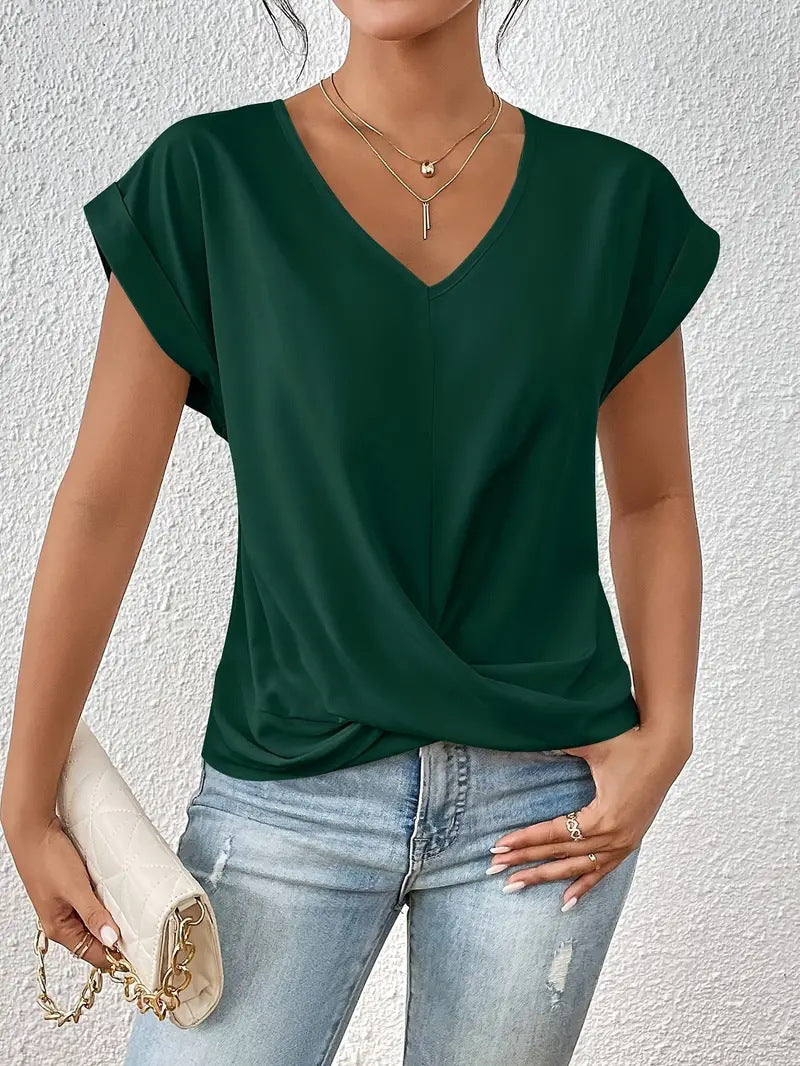 Dark green summer blouse with V-neck, short sleeves, draped knotted front