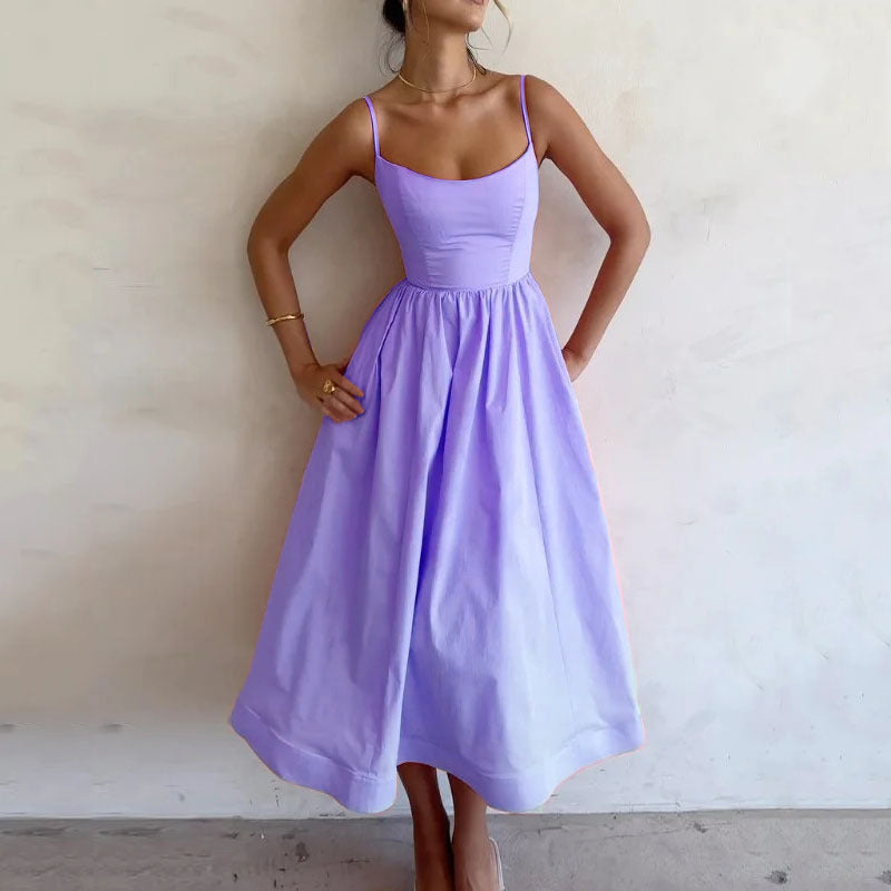 Lavender sleeveless maxi dress with spaghetti straps and gathered waist full skirt
