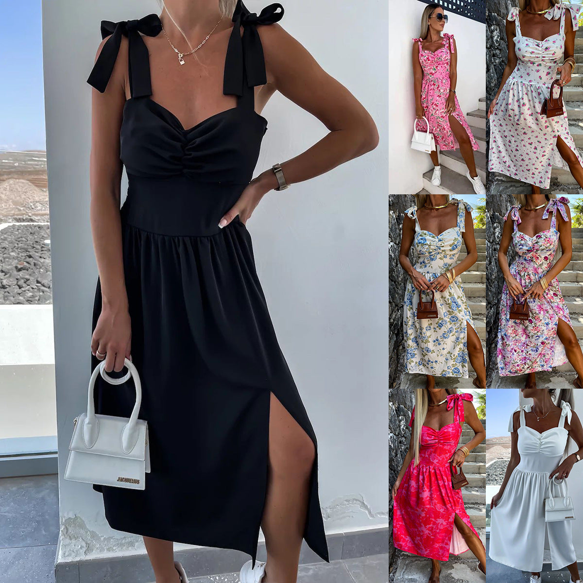 Sundress collage: black bow-strap midi dress plus floral print summer dress options