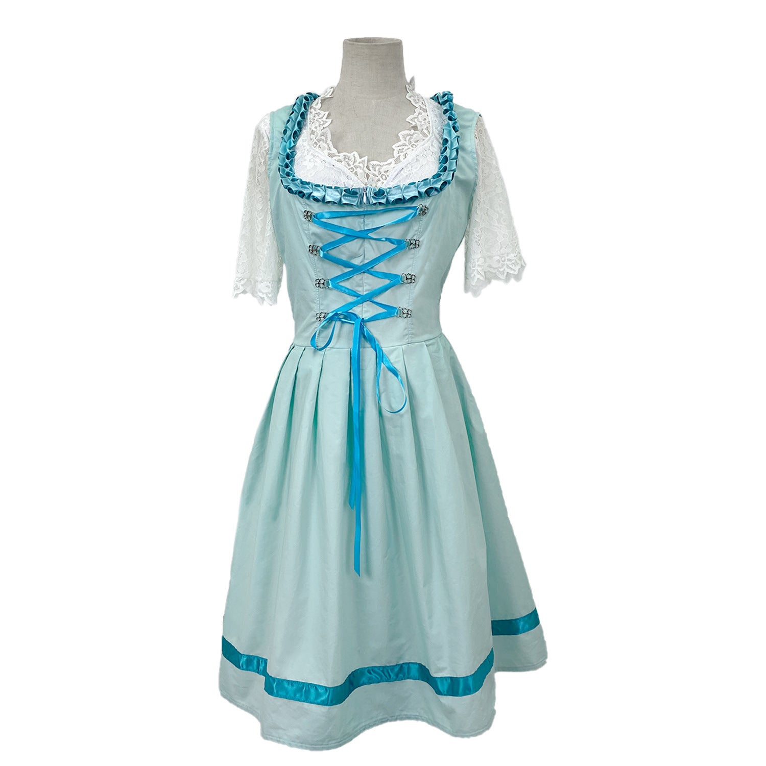 Turquoise midi dirndl-style dress with corset lacing, lace sleeves, and bow tie