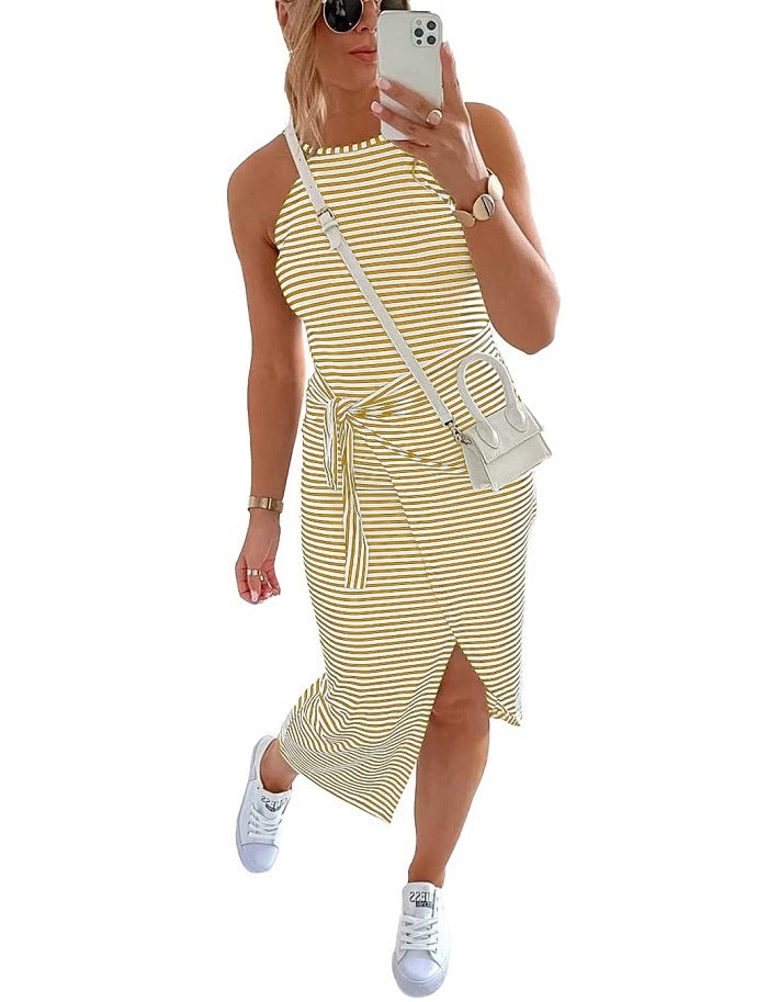 Sleeveless striped midi dress in yellow and white, tied waist and side slit