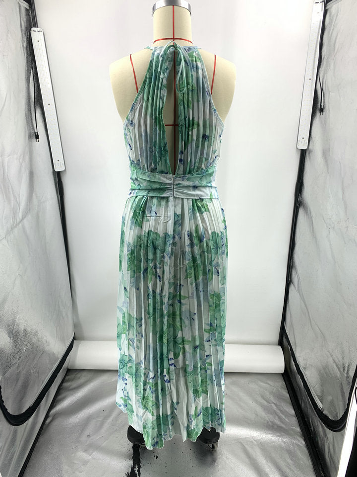 Floral open-back halter maxi dress, green-blue, pleated strap detailing