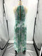Floral open-back halter maxi dress, green-blue, pleated strap detailing