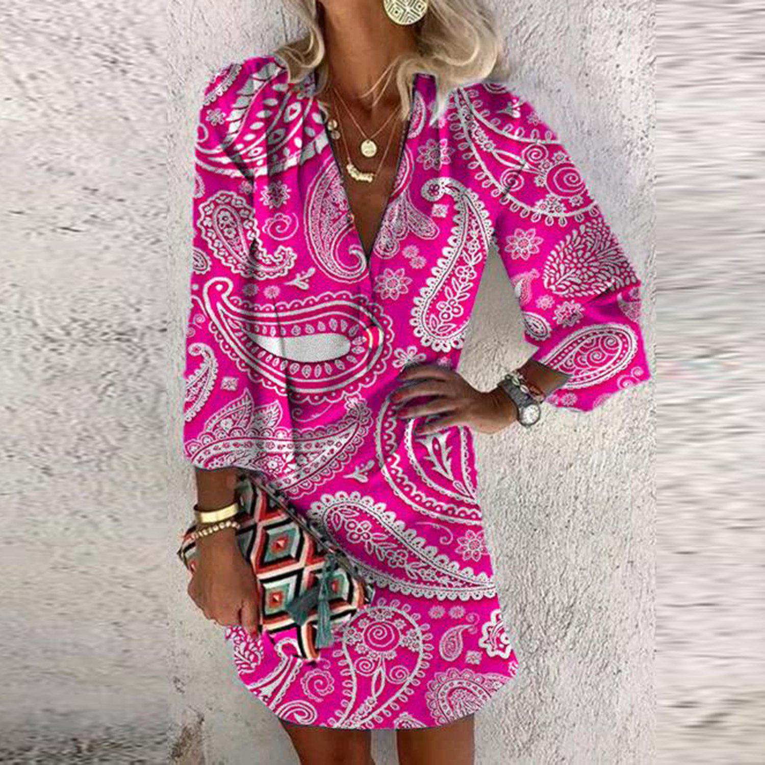Fuchsia paisley printed mini dress with V-neck, long sleeves and button-front