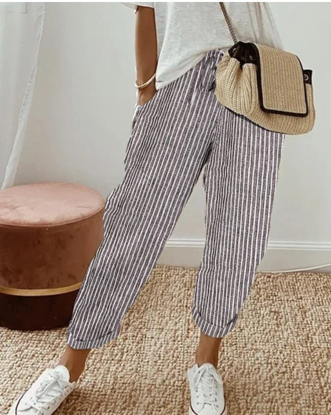 Yara™ striped summer trousers, dark red and white vertical stripes, cropped ankle length