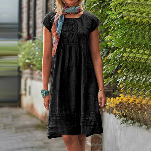 Women's short-sleeve summer dress, black tiered skirt with pintuck texture
