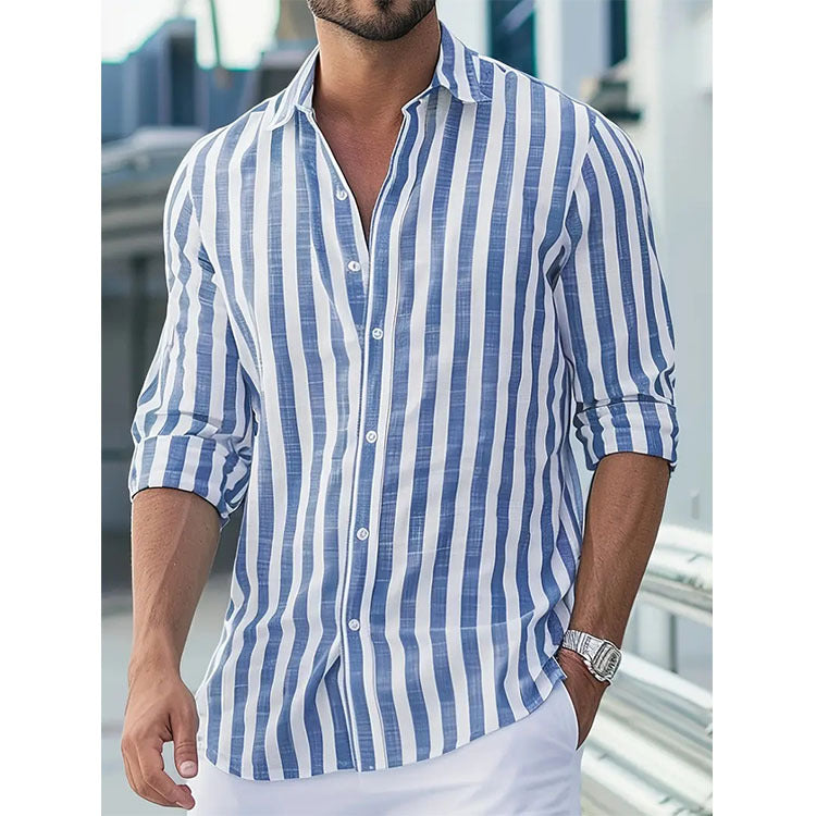 Men’s linen blouse with vertical light-blue-and-white stripes, button-front and open collar