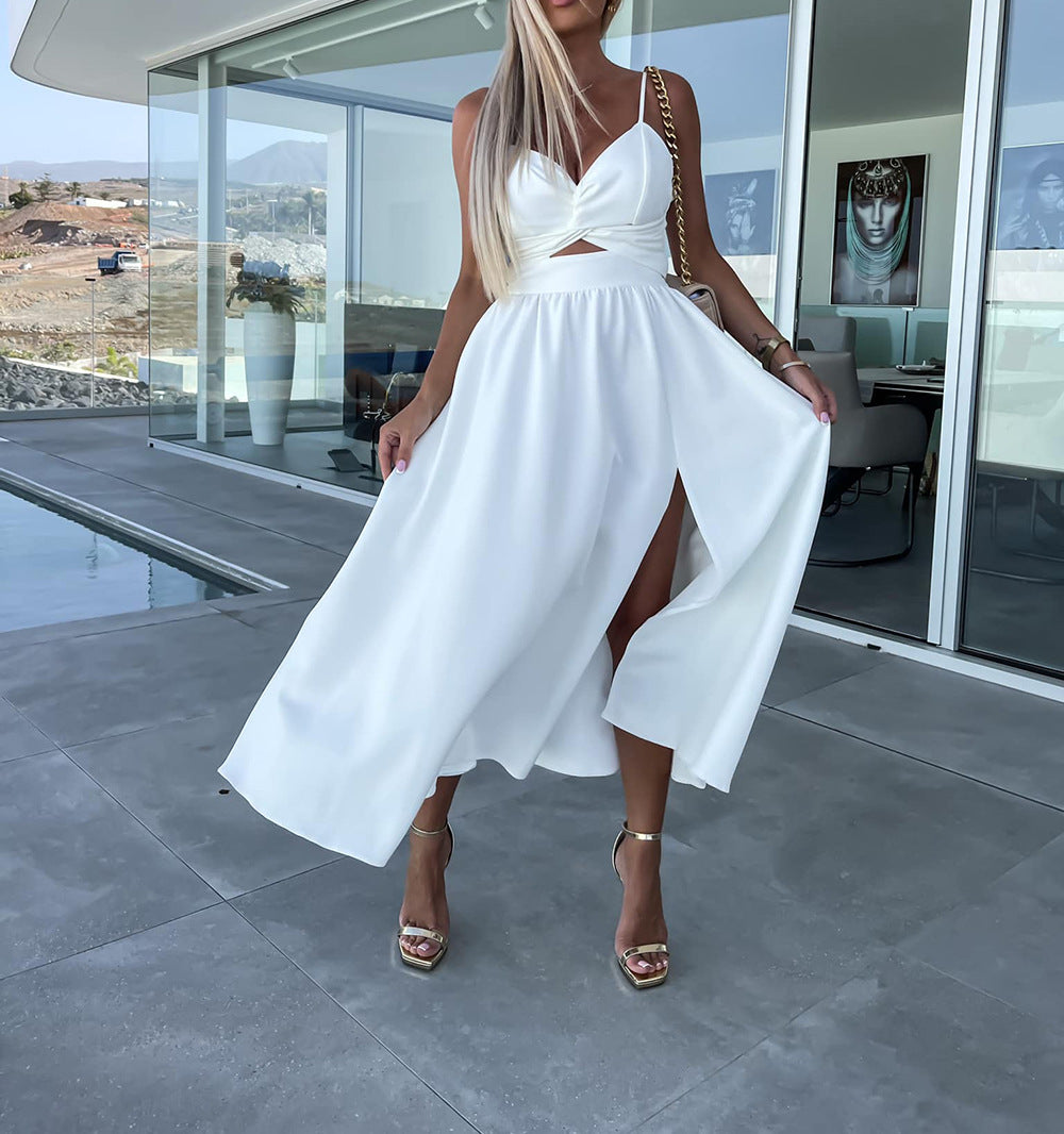 White sleeveless midi dress with V-neck, front waist cutout, and flowing skirt