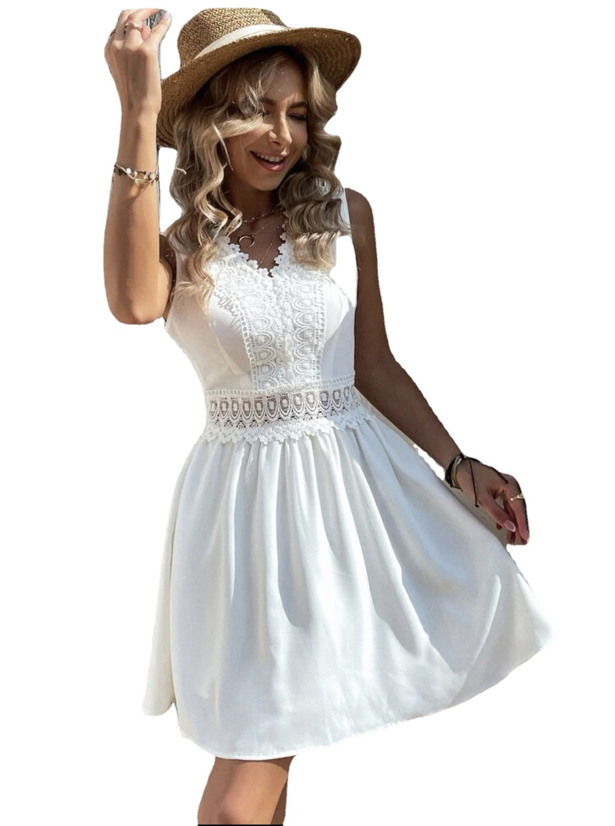 OTA elegant mini dress in white with lace V-neck, sleeveless bodice, and gathered skirt