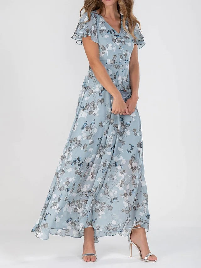 Light blue floral maxi dress with ruffled short sleeves, V-neck, flowing skirt