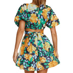 Floral casual summer dress with puff sleeves, tie waist, and short gathered skirt