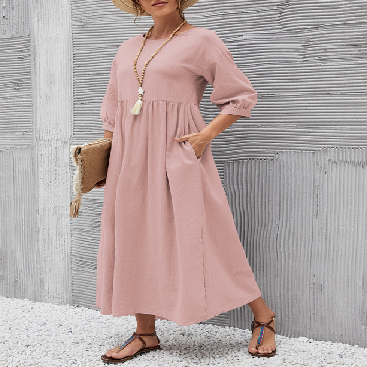 WEGAHTA long dress in dusty pink with gathered waist and 3/4 puff sleeves