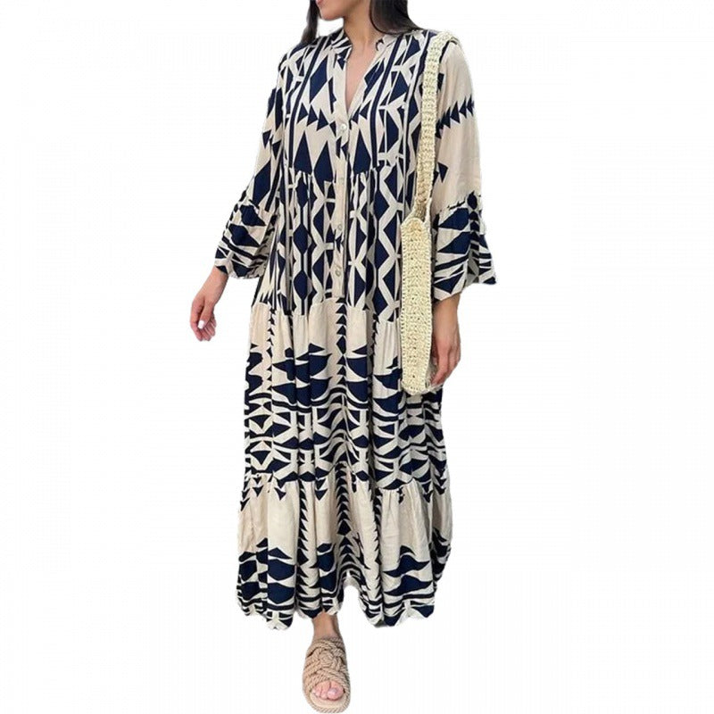 Women’s maxi dress with long sleeves, V-neck, blue and cream geometric print