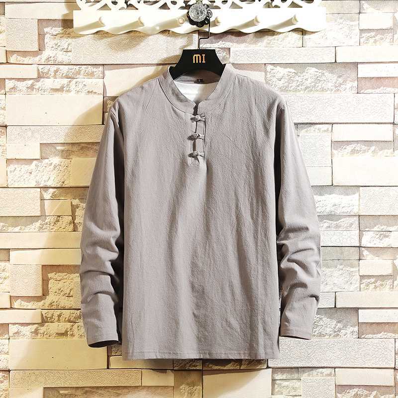 Men's tunic, light gray, long sleeves, stand collar with button placket