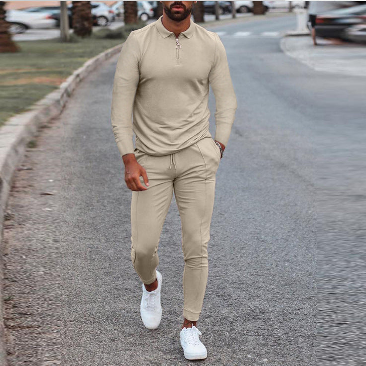 Men's quarter-zip lounge set with jogger pants, khaki long-sleeve top