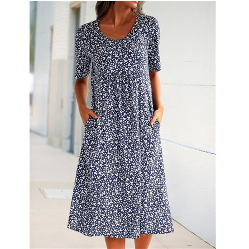 Dark blue floral midi dress with short sleeves and scoop neckline