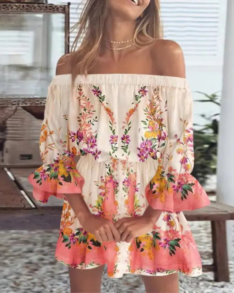 IRCA off-shoulder summer dress in cream with colorful floral print, tiered ruffle hem