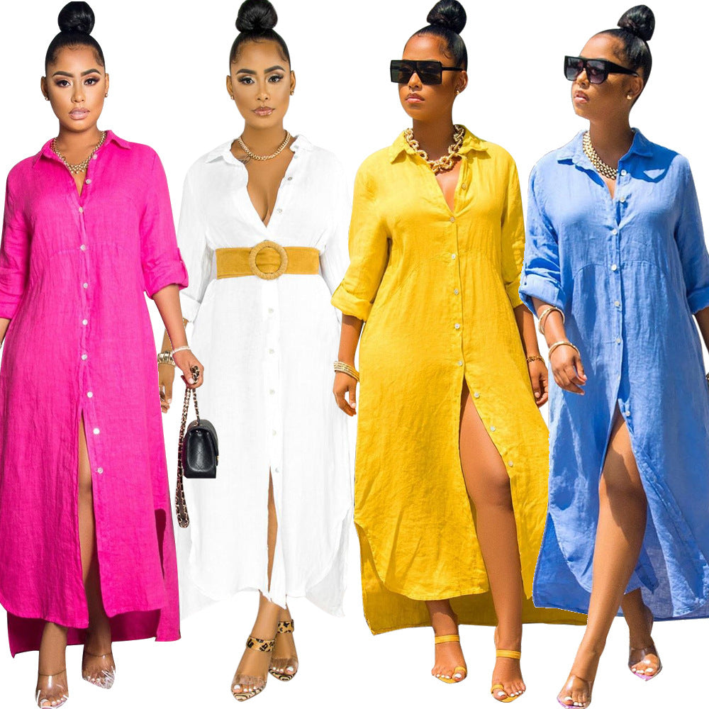 Assorted colors of button-front maxi summer dresses with side slits