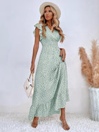 Relaxed mint green patterned maxi dress with short puff sleeves