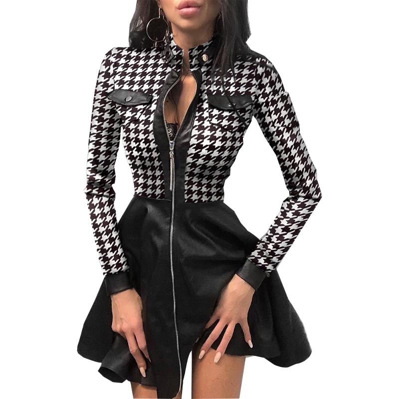 Houndstooth zip-front mini dress with black faux-leather skirt peplum, long sleeves
