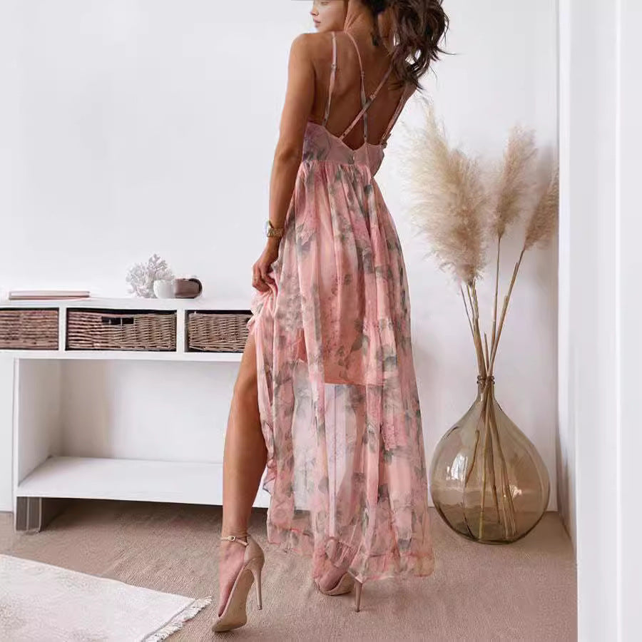 Klara floral maxi sundress with spaghetti straps and tiered ruffles, pink and white