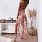 Klara floral maxi sundress with spaghetti straps and tiered ruffles, pink and white